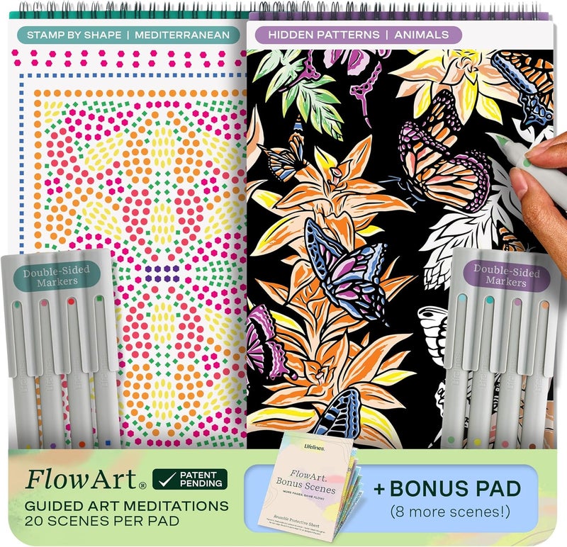 LifeLines FlowArt Activity Pads, 2-Pack with 8 Double-Sided Markers, 40 Scenes & Bonus Pad - Guided Dot Art Meditations - Stamp-by-Shape & Hidden Patterns Coloring Books for Tweens, Adults & Seniors - Image 1